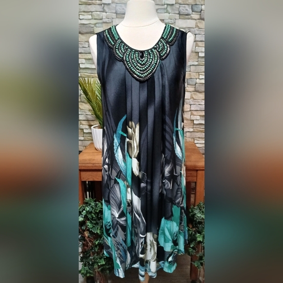 Studio I Large Elegant Black and Teal Beaded Boho Sleeveless Dress - Picture 1 of 5